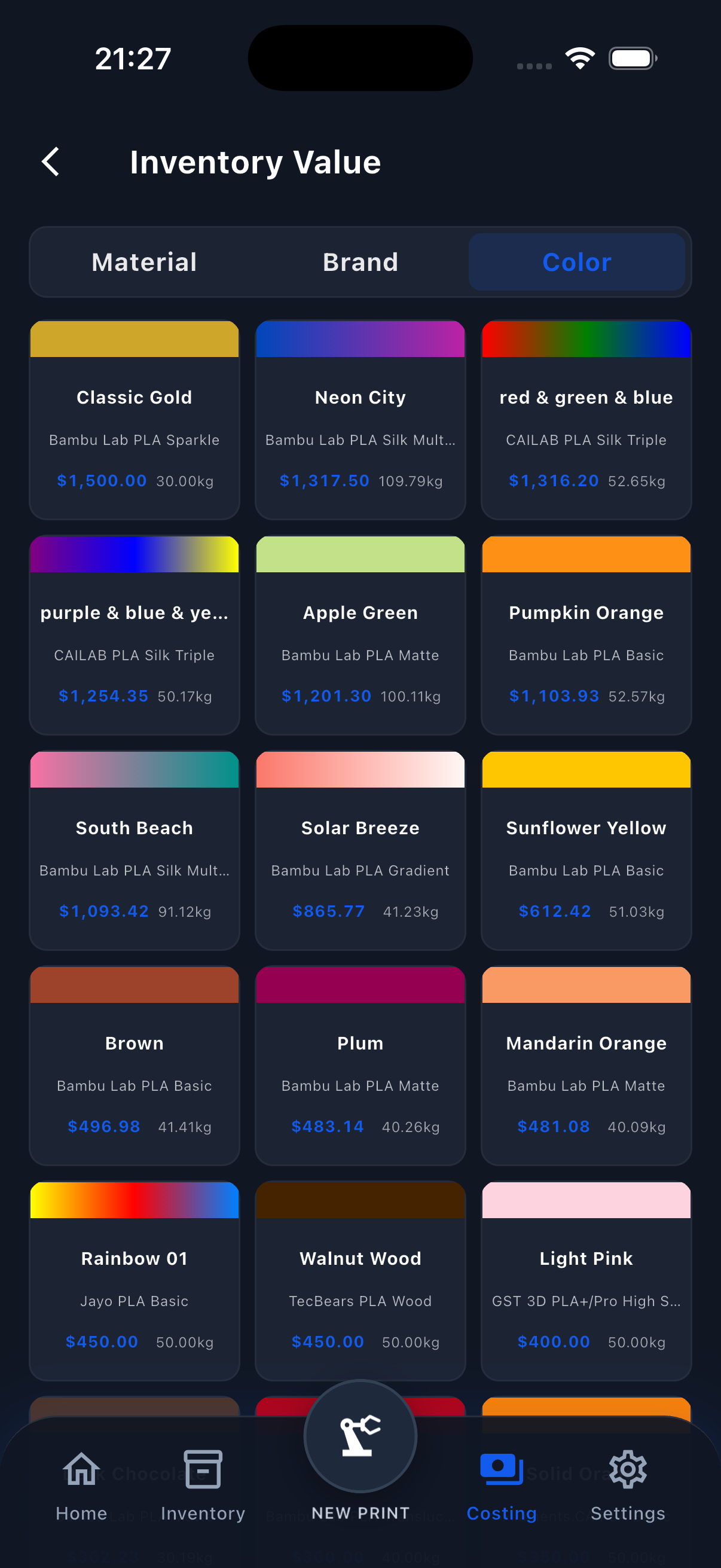 Filament Genius mobile interface for filament and print cost analysis
